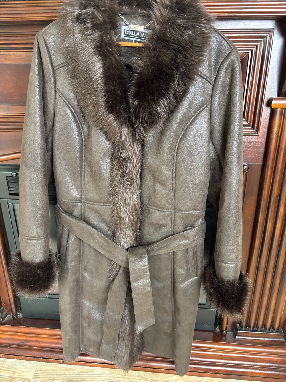Guillaume Women's Brown Faux-Suede Coat with Fur Trim